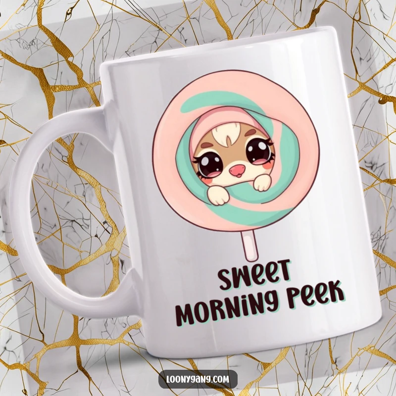 Funny mug featuring a mischievous small creature with wide, twinkling eyes peeking from behind a giant, wobbly lollipop, embodying playful curiosity.