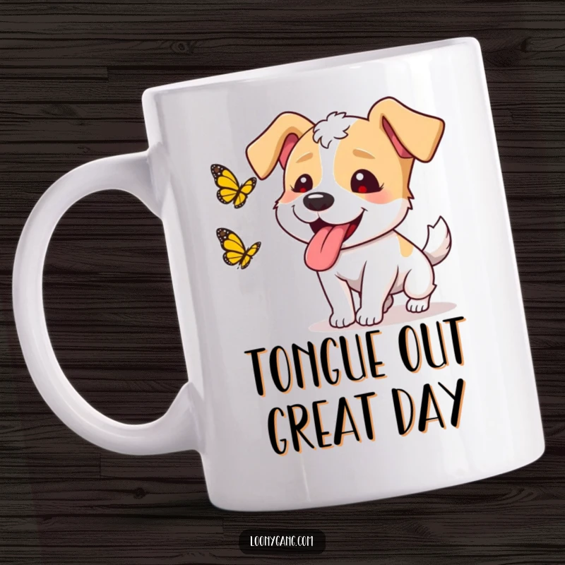 Funny dog butterfly mug featuring a goofy dog with its tongue hanging out, happily chasing a butterfly, perfect for dog lovers.