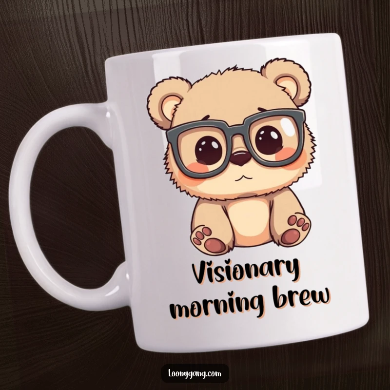 Funny bear cub wearing comically oversized glasses, peering around with a silly, curious expression on a mug.