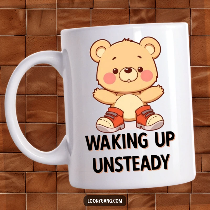 Funny cartoon bear cub wearing comically oversized shoes, wobbling precariously, on a ceramic mug.