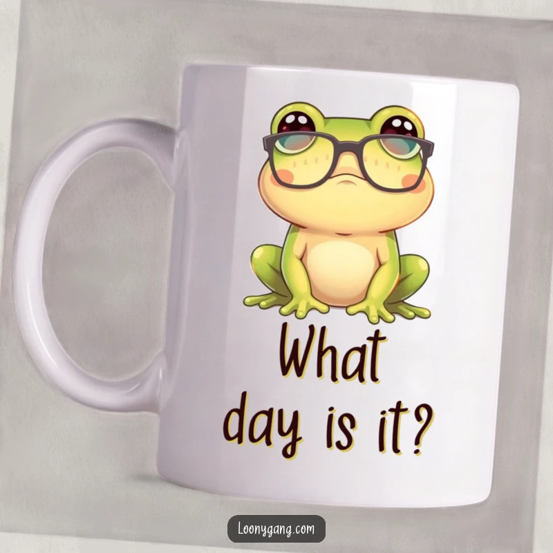 Funny frog wearing comically large glasses, looking utterly confused on a mug, ideal for a humorous and funny gift.