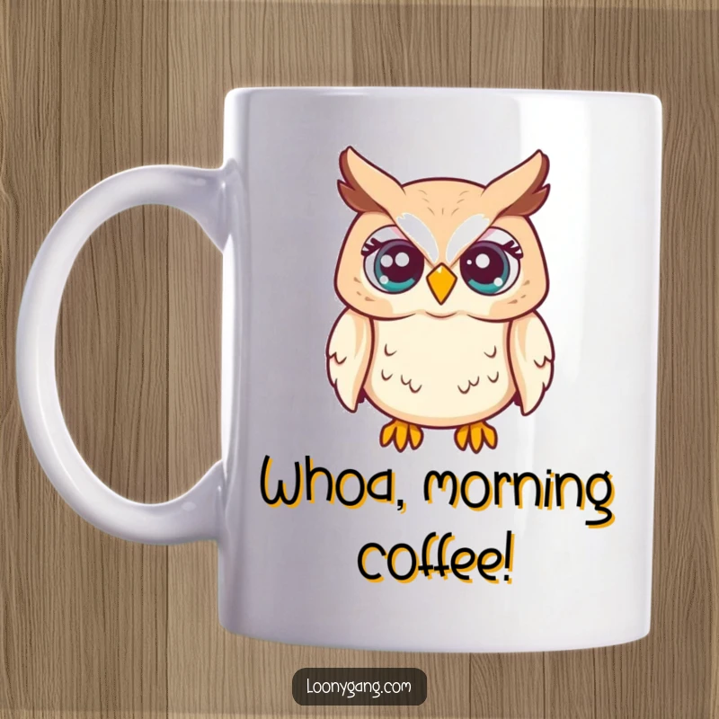 Funny mug showing a startled owl with its eyes slightly popped out, expressing shock, great funny gift.