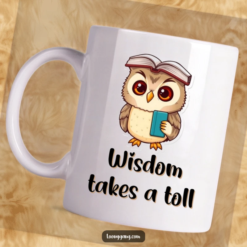 Funny cartoon owl cub with wide, bewildered eyes, a book precariously balanced on its head, on a ceramic mug.