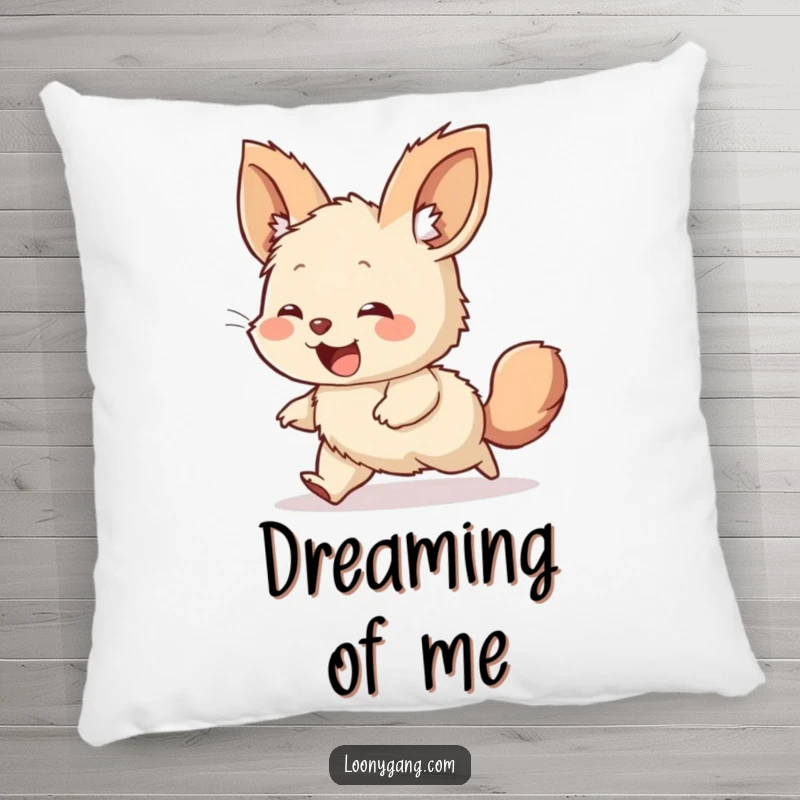 Funny decorative pillow featuring a giggling, furry creature with big ears, hilariously chasing its own tail, offering plush comfort.