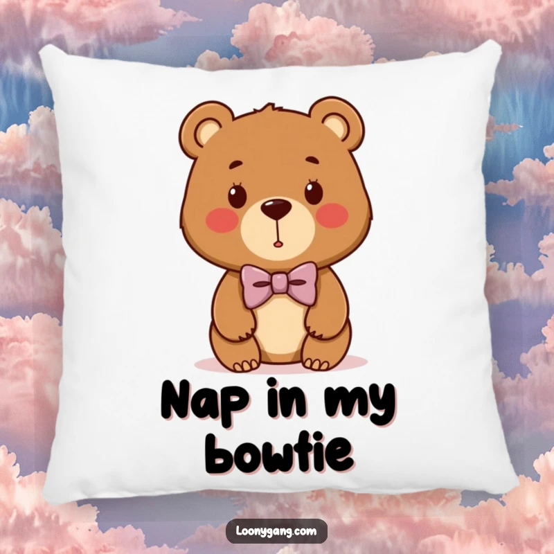 Funny bear cub pillow with a cute brown bear wearing a hilariously lopsided bowtie, offering comfort and playful decor.