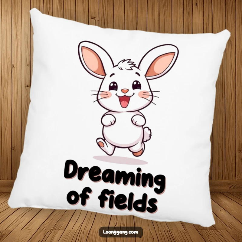 Funny pillow featuring a smiling bunny with oversized ears, mid-hop in a moment of pure delight, offering cozy comfort.
