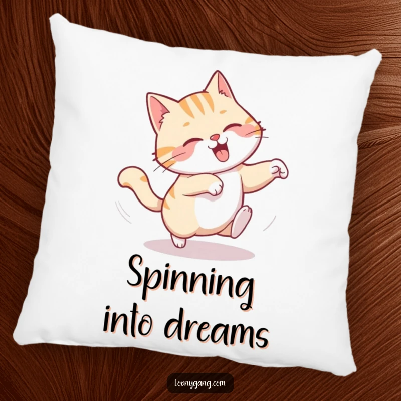 Funny pillow featuring a chuckling cat in a dizzying spin, comically chasing its tail, ideal for adding charm.