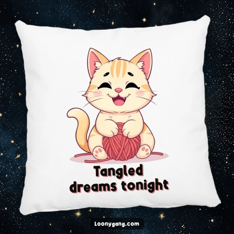 Funny pillow showing a mischievous cat happily tangled in yarn, soft and comfortable decorative item, great funny gift.