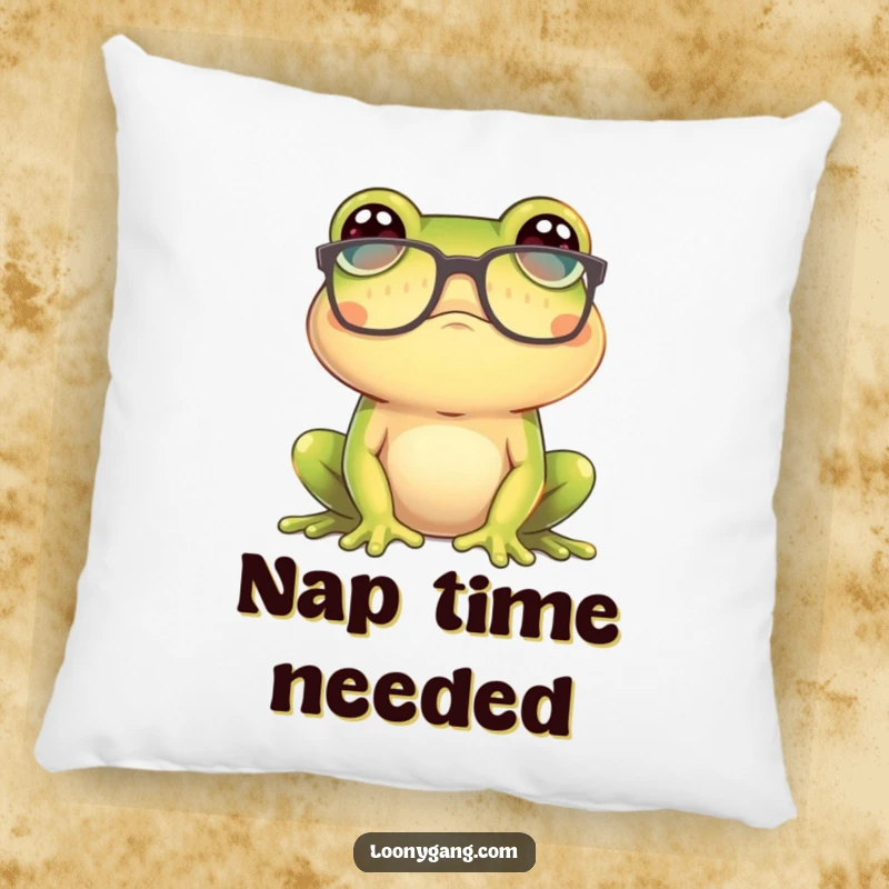 Funny frog wearing oversized glasses and looking confused on a soft throw pillow, a cute and funny gift.
