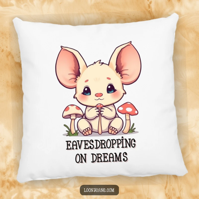 Funny creature pillow showcasing a character with oversized ears listening intently to a tiny mushroom, offering comfort and curiosity.