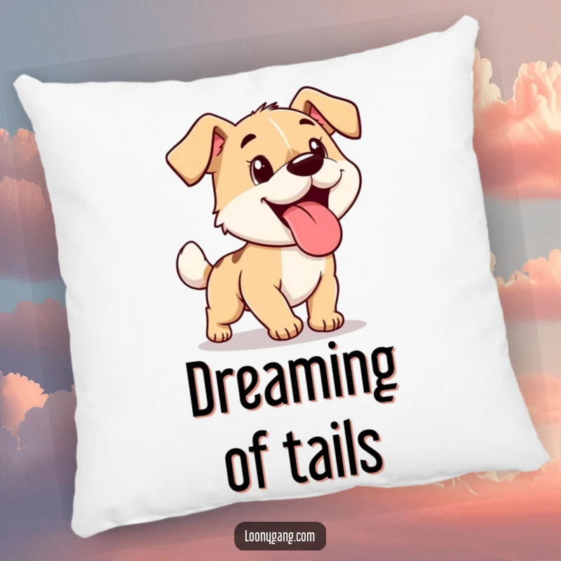 Soft pillow featuring a funny cartoon dog, tongue out, chasing its tail in a dizzying spin, full of energy.