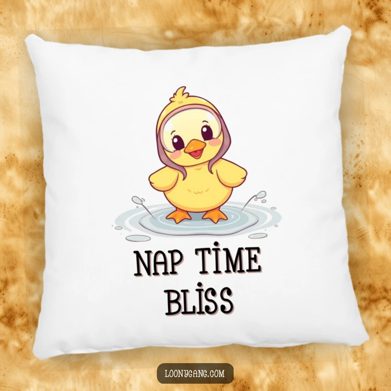 Funny pillow featuring a happy duckling wearing galoshes and splashing in a puddle, perfect for cozy comfort.