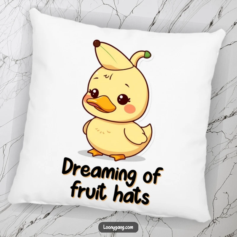 Funny dorky duckling with a banana peel on its head, soft accent pillow, silly decor.