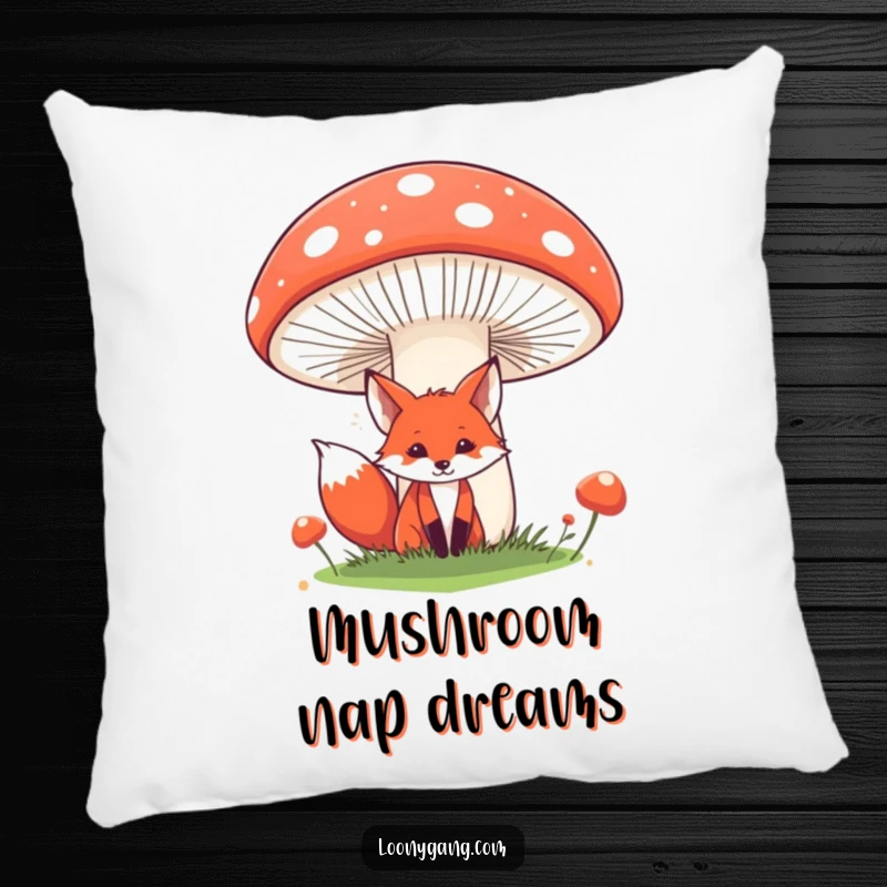 Funny fox pillow featuring a sly red fox peeking from behind a giant, comical mushroom, offering comfort and whimsy. Perfect for adding a funny accent to sofas or beds.