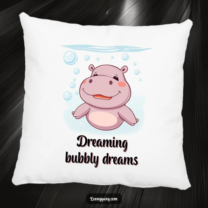 Funny giggling hippo blowing bubbles underwater on a soft throw pillow, a cute and funny gift for any room.