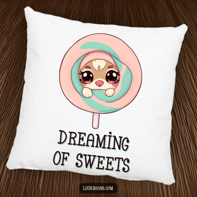 Funny pillow showing a mischievous small creature with twinkling eyes peeking from behind a giant, wobbly lollipop, offering comfort and playful charm.