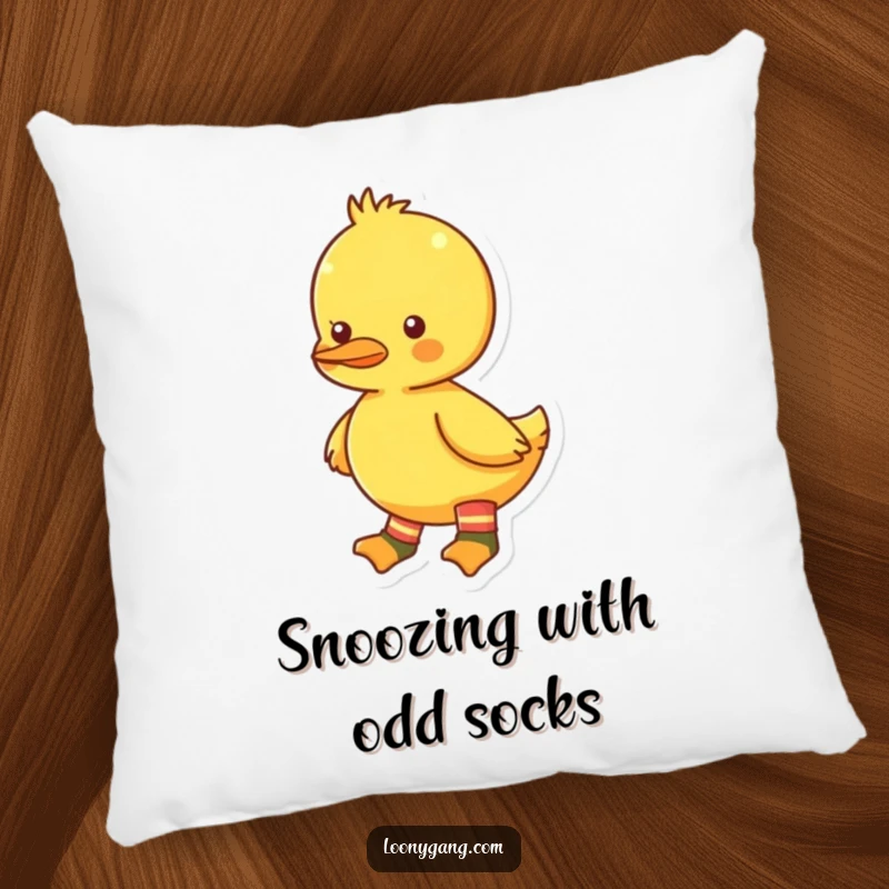 Funny bright yellow duckling pillow featuring mismatched socks, offering cozy comfort with a side of playful, humorous style. A soft funny friend.