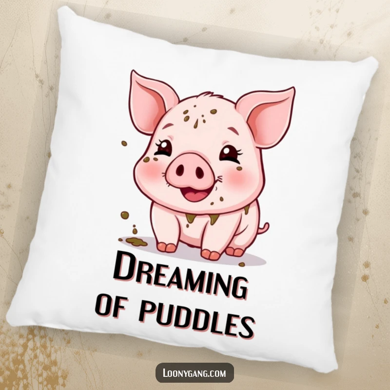 Funny Muddy Piglet Pillow with a cute, mud-covered piglet smiling contentedly. A soft, humorous home decor item.