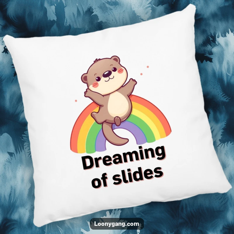 Funny otter pillow featuring a playful otter sliding down a rainbow, perfect for cozying up.