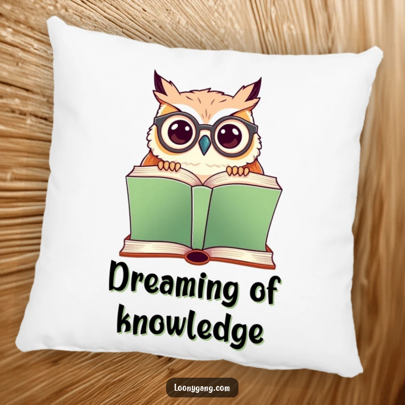 Funny pillow featuring a cute owl with crooked glasses peeking over a large book, perfect for comfortable relaxation.