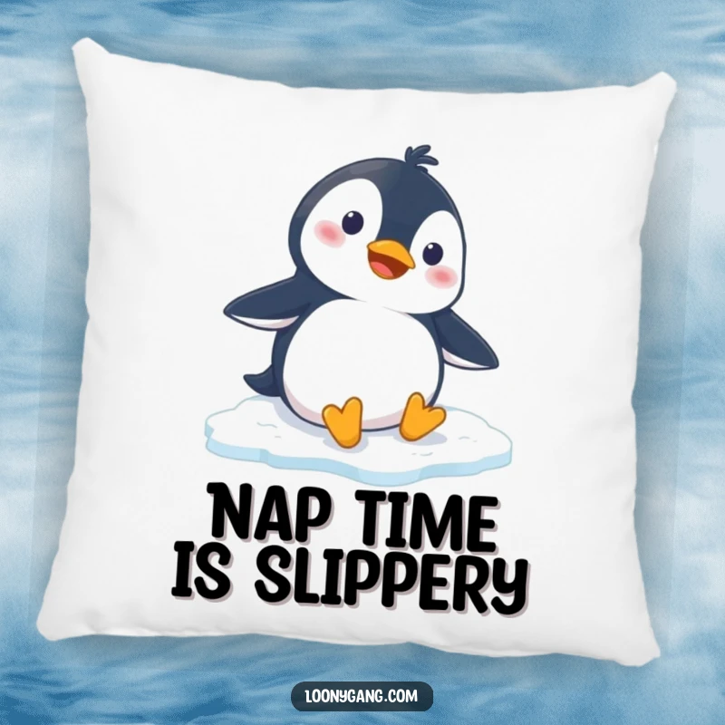 Funny penguin pillow with a cartoon penguin comically slipping on ice, perfect for adding soft, humorous decor to any room.
