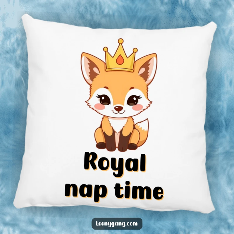 Funny fox cub wearing a tiny crown, looking proud on a soft throw pillow, a cute and funny gift.