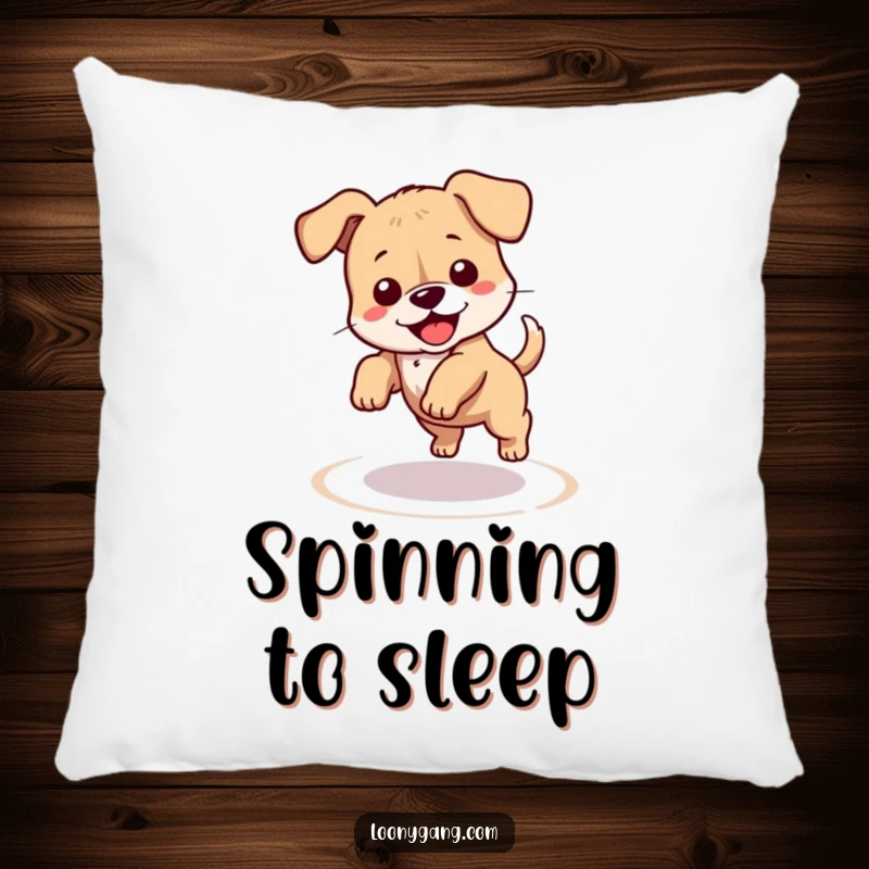 Funny puppy pillow featuring a clumsy dog chasing its tail in a dizzy circle, offering comfort and humor. Perfect for adding a funny accent to sofas or beds.