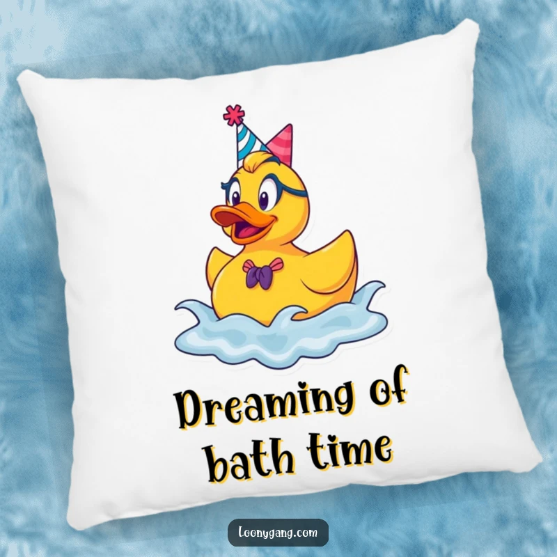 Funny rubber ducky party pillow, a happy duck in a party hat, bouncing on playful waves for soft, festive comfort.