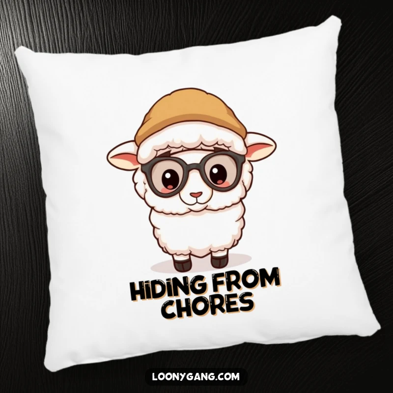 Funny sheep wearing a silly disguise and peeking out from a soft throw pillow, a cute and funny gift.