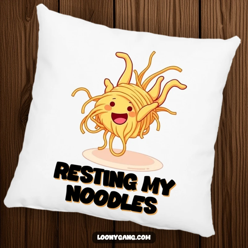 Funny Spaghetti Somersault Pillow featuring a grinning spaghetti noodle in a clumsy somersault, providing comfort and a good dose of pasta-themed amusement.