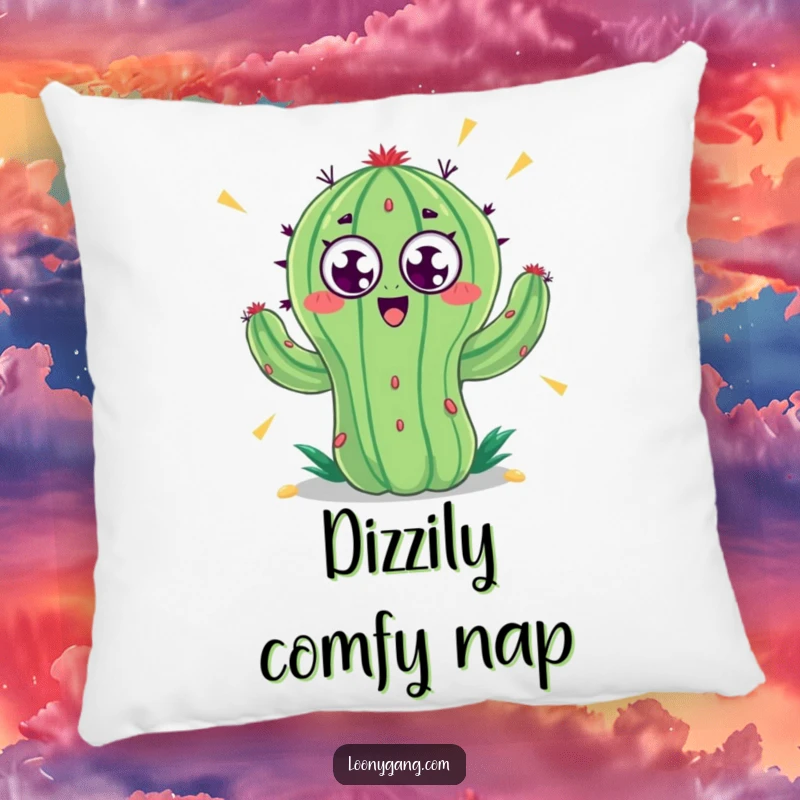 Funny pillow adorned with a cactus whose googly eyes are a blur from rapid spinning, looking completely unhinged and amusing.