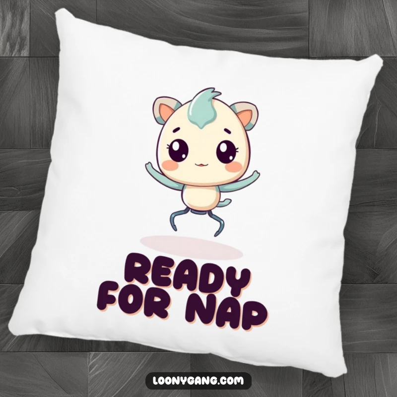Funny Pillow featuring a creature with springy legs, humorously bouncing with pure delight, offering plush comfort and a cheerful vibe.