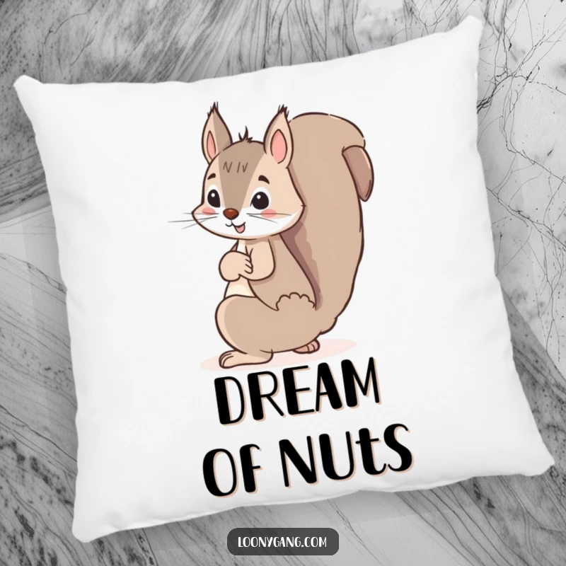 Funny squirrel pillow, a mischievous squirrel hiding a giant acorn behind its back, offering soft comfort and a touch of playful intrigue.