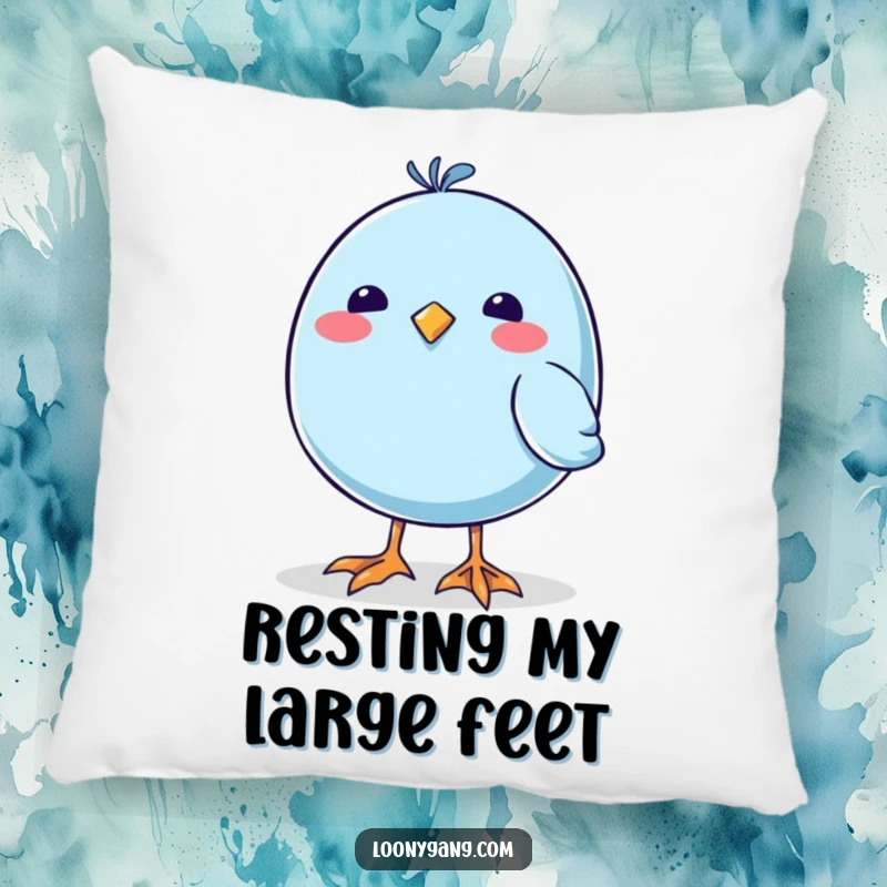 Funny Wobbly Feet Blue Bird Pillow, a soft and huggable cushion featuring a blue bird with comically large, wobbly feet.