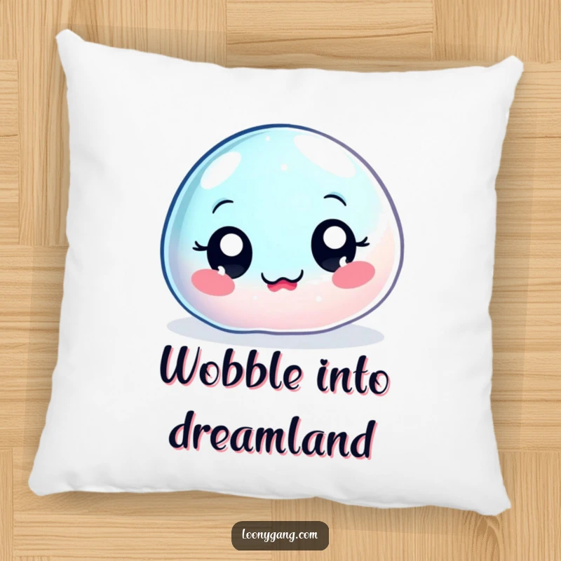 Funny wobbly jelly blob pillow, a big-eyed, jiggly character offering soft, hilarious comfort with its uncontrollable wobble.