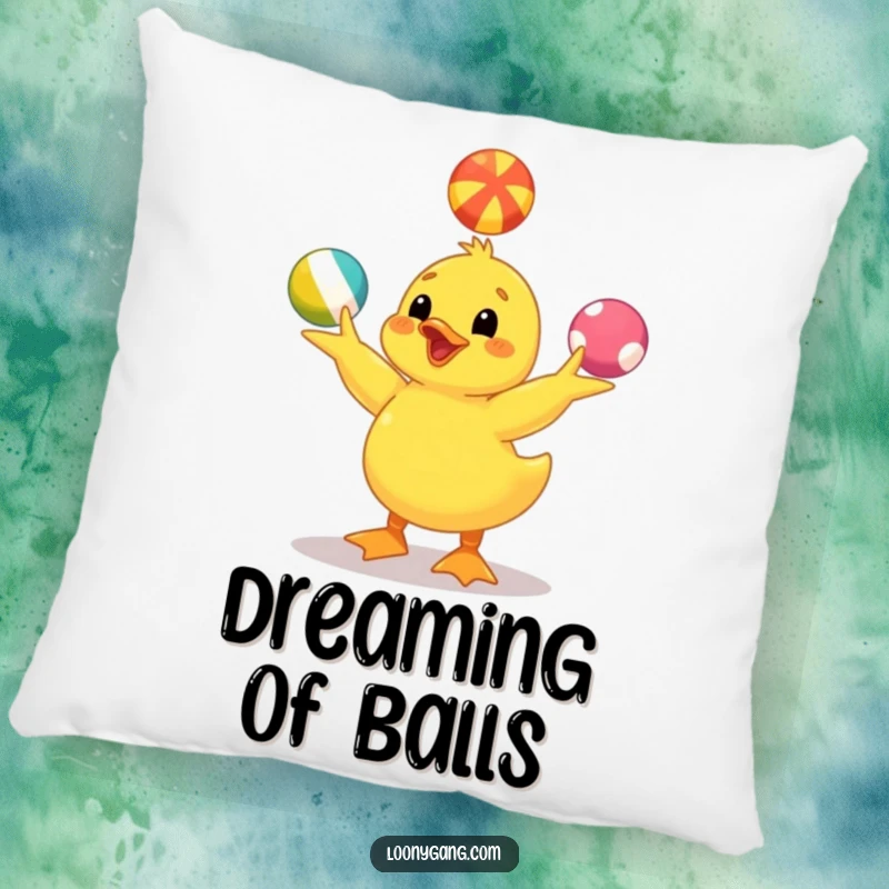 Funny yellow duckling pillow showing a cheerful duckling juggling colorful balls, perfect for adding comfort and a humorous touch to any room. Home decor.