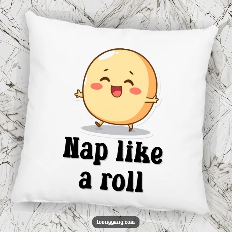 Funny Bread Roll Skip Pillow featuring a round, cheerful bread roll character attempting to skip with pure silliness, providing comfort and wholesome amusement.