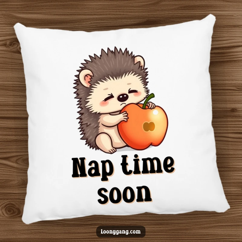 Funny hedgehog cub looking comically bewildered while balancing an apple, perfect for a soft and decorative pillow.
