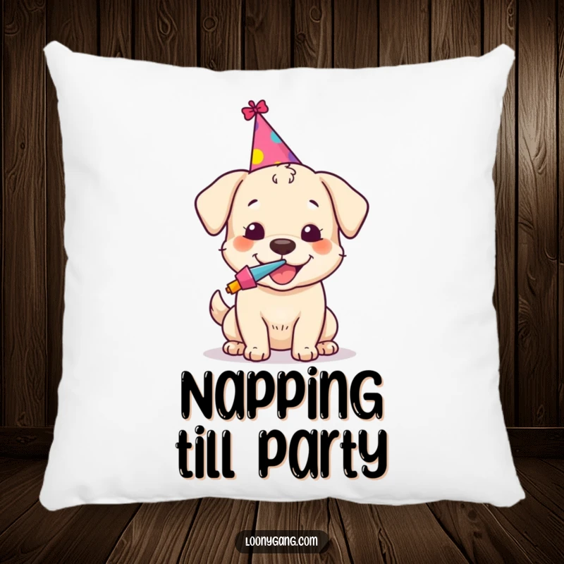Funny pillow featuring a happy dog in a party hat, blowing a noisemaker, adding a festive splash to any room.