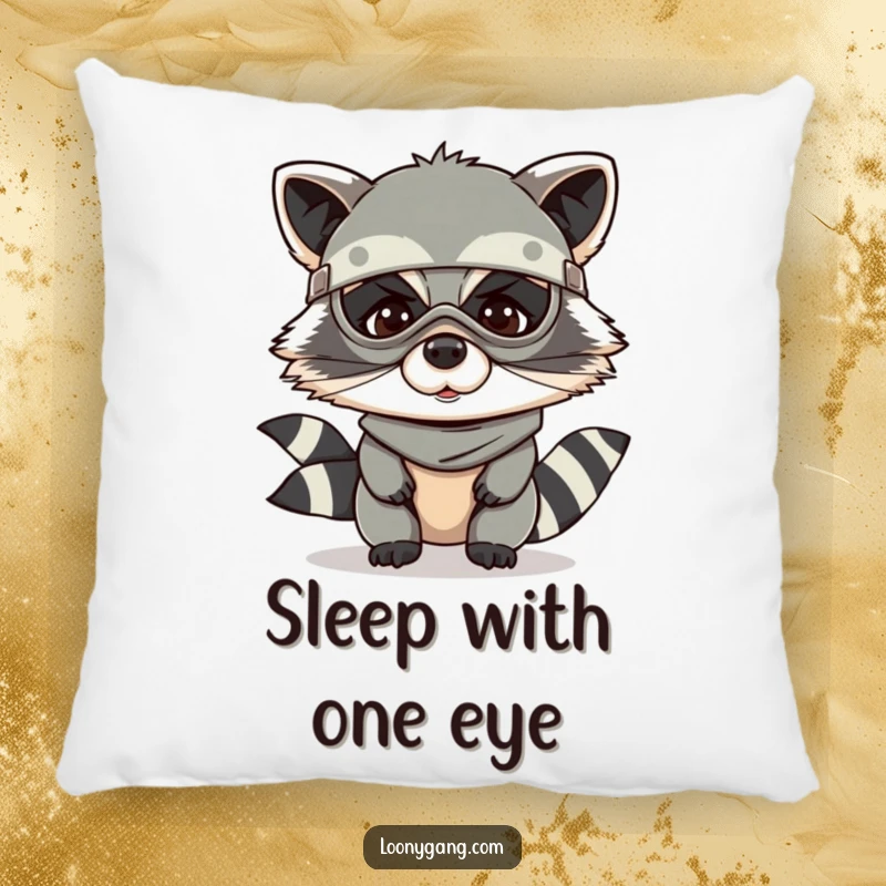 Funny raccoon pillow featuring a giggling raccoon in a bandit mask, perfect for cozying up.