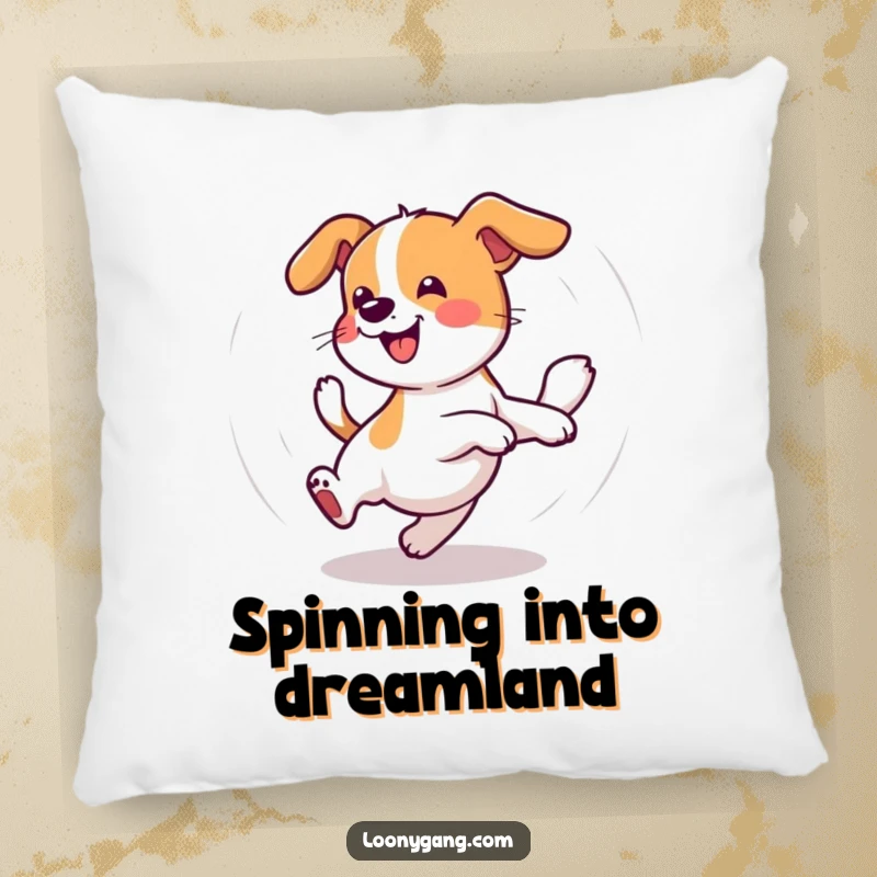 Funny Wobbly Dog Pillow featuring a dog happily chasing its tail in a dizzy circle, providing comfort and a humorous touch to living spaces.