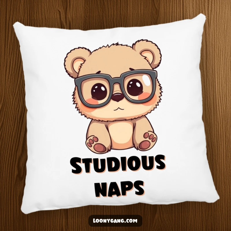 Soft pillow featuring a funny bear cub wearing oversized glasses, peering around with a silly, curious expression.