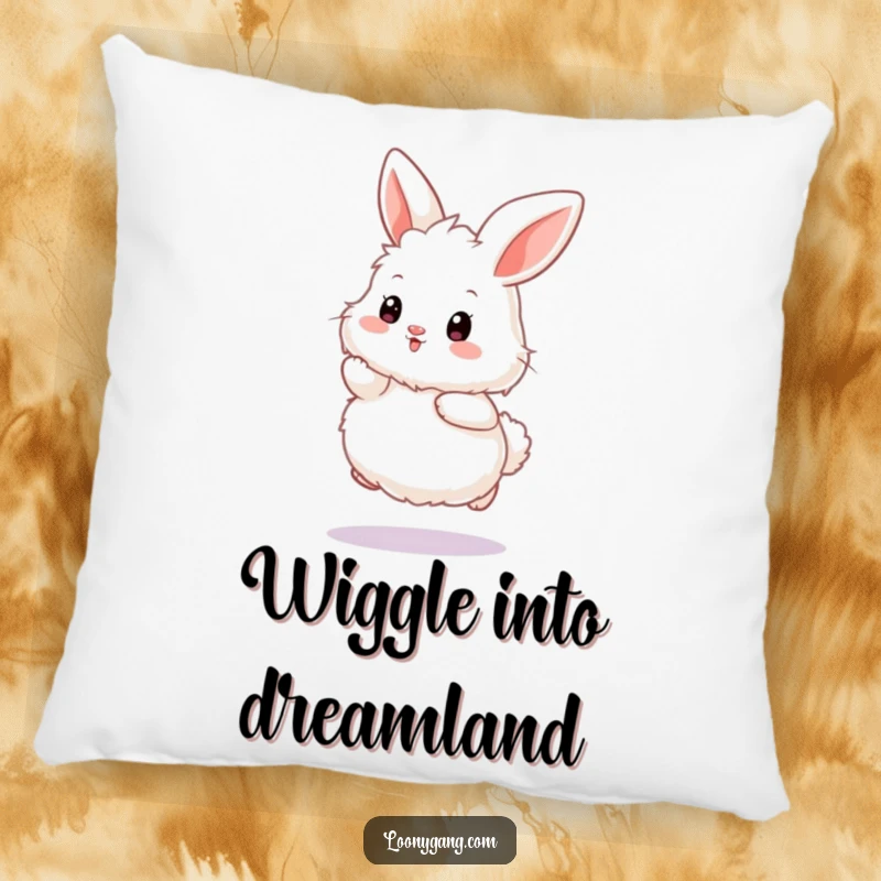 Funny bunny pillow with a fluffy white rabbit doing an exaggerated, joyful wiggle hop, offering comfort and humor.