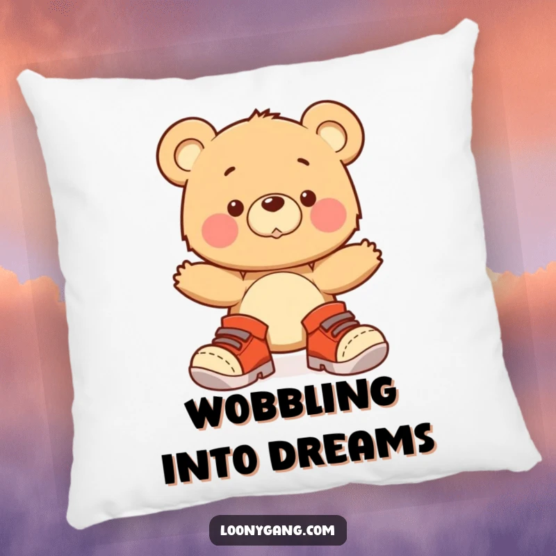 A soft, plush pillow featuring a funny bear cub struggling to balance in oversized shoes, depicted in a wobbling pose.
