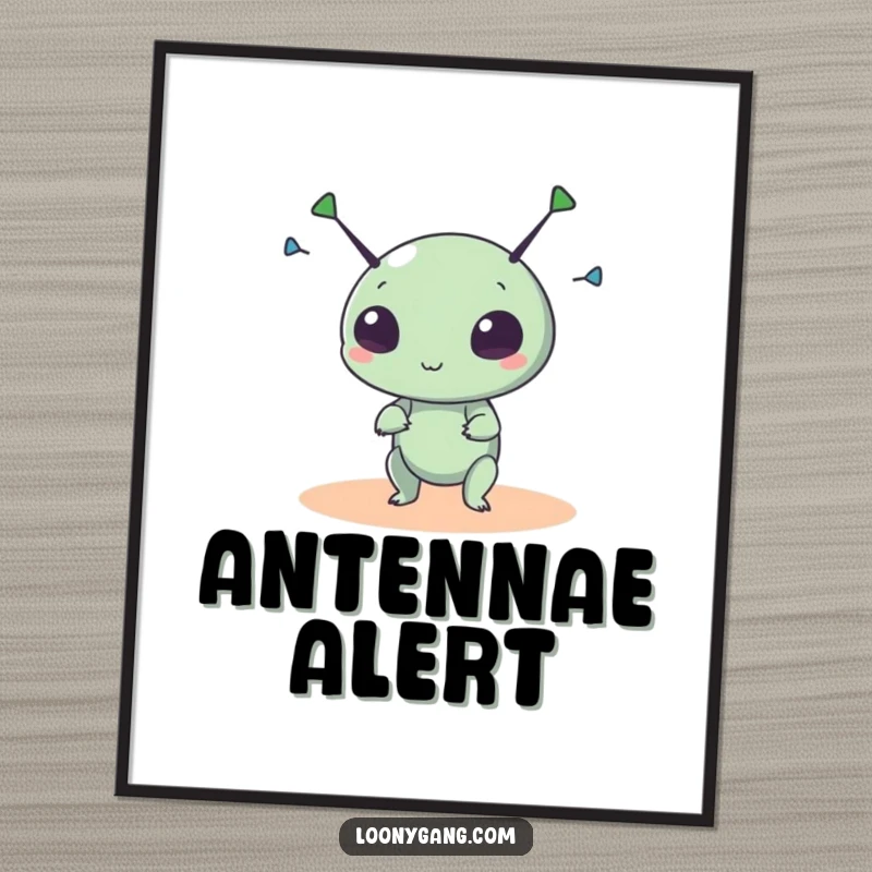 Funny alien digital art print of a small, round creature spinning its antennae wildly, perfect for instant cosmic decoration.