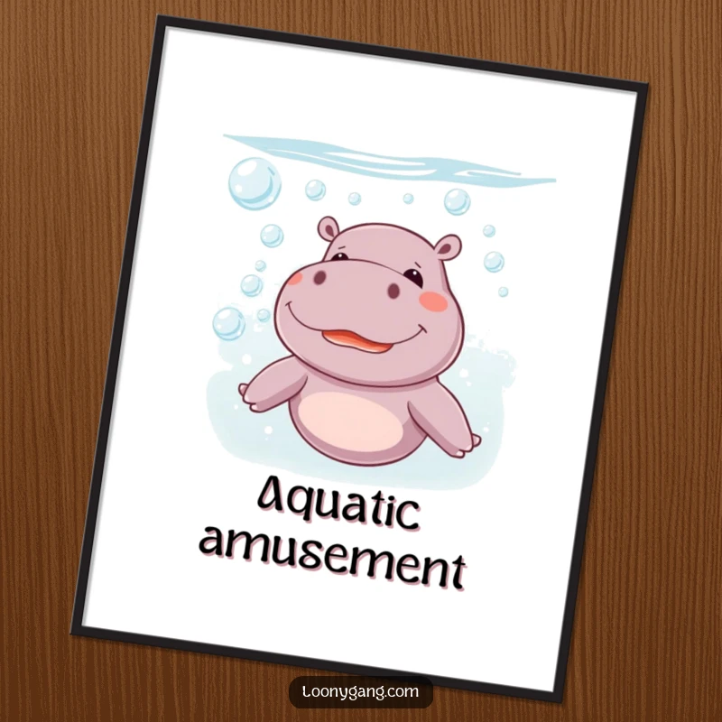 Funny giggling hippo blowing bubbles underwater, a high-resolution digital art print perfect for a funny gift.