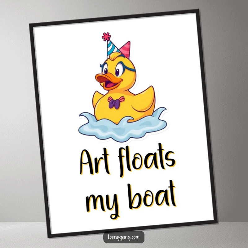 Funny rubber ducky party digital art print, a goofy duck with a hat bouncing on waves, ideal for vibrant, fun decor.