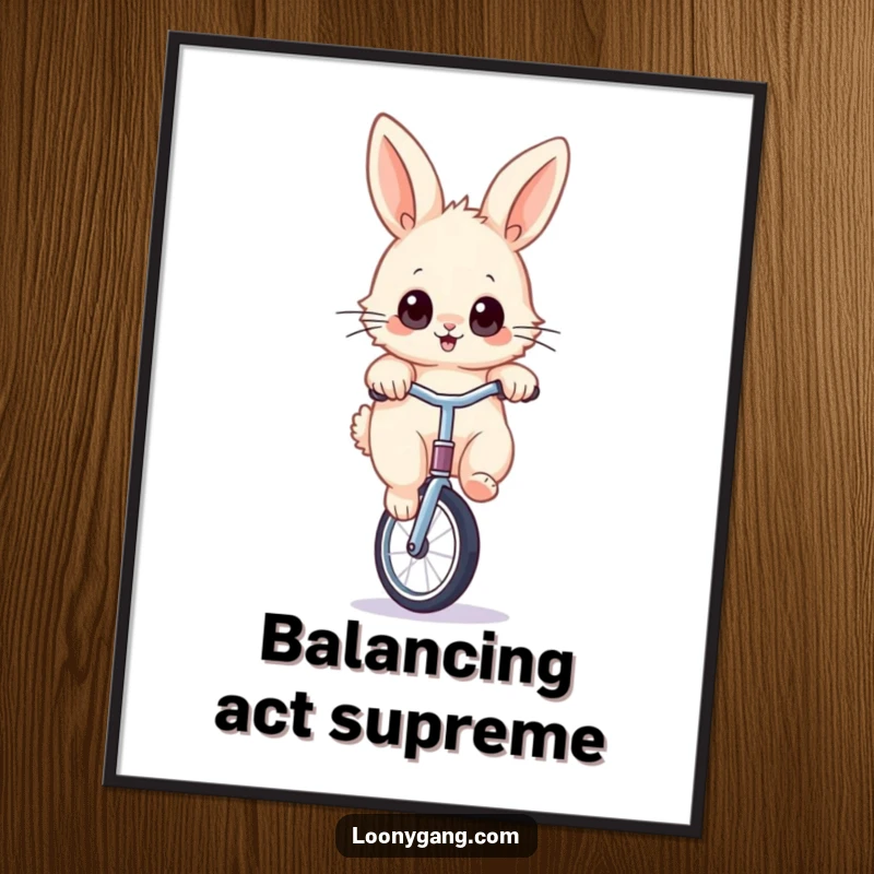 Funny rabbit unicycle digital art print of a fluffy bunny with wide eyes, balancing on a unicycle, perfect for instant, humorous wall decor.