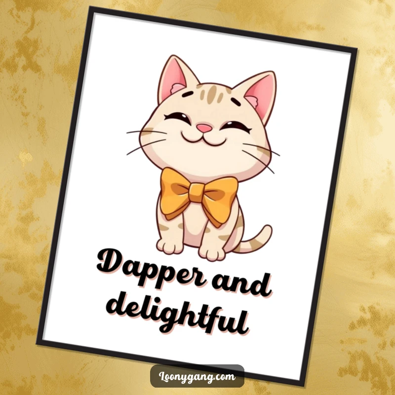 Funny cat bowtie digital art print of a grinning cartoon cat in a silly, oversized bowtie, perfect for instant, humorous wall decor.