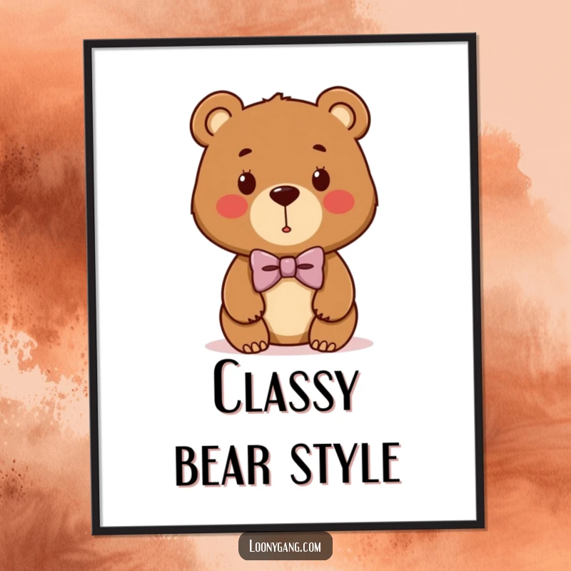 Funny bear cub digital art print of a cute brown bear wearing a hilariously crooked bowtie, perfect for whimsical decoration.